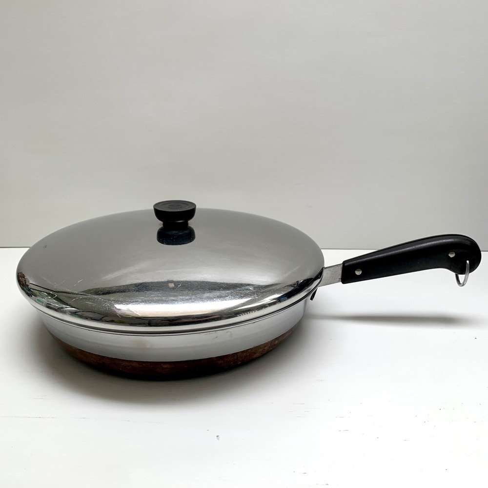 Revere Ware 12" Copper Clad Bottom Skillet Frying Pan, Lid Riverside CA Pre-1962